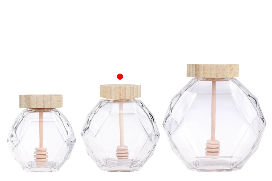 Стъклен буркан 380 мл с дървена капачка и лъжичка за мед Стъклен буркан 380 мл с дървена капачка и лъжичка за мед-изображение_група