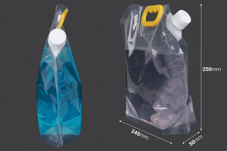 Опаковка тип Doy Pack прозрачна  2 литра  с бяла предпазна капачка и дръжка - 10 бр-изображение_размери