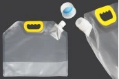Опаковка тип Doy Pack прозрачен 5L с бяла предпазна капачка и дръжка - 10 бр Опаковка тип Doy Pack прозрачен 5L с бяла предпазна капачка и дръжка - 10 бр