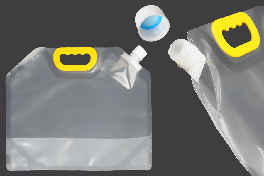Опаковка тип Doy Pack прозрачен 5L с бяла предпазна капачка и дръжка - 10 бр Опаковка тип Doy Pack прозрачен 5L с бяла предпазна капачка и дръжка - 10 бр