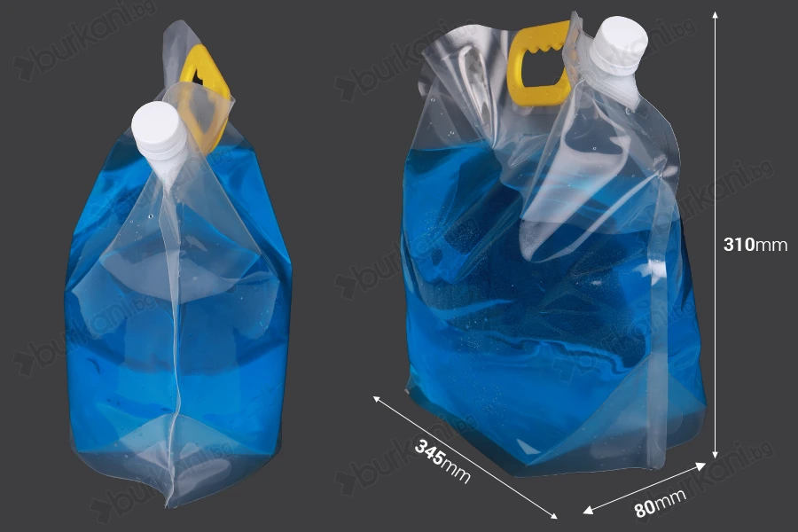 Опаковка тип Doy Pack прозрачен 5L с бяла предпазна капачка и дръжка - 10 бр-изображение_размери