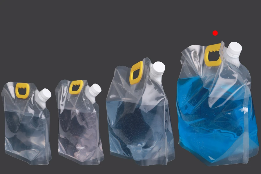 Опаковка тип Doy Pack прозрачен 5L с бяла предпазна капачка и дръжка - 10 бр Опаковка тип Doy Pack прозрачен 5L с бяла предпазна капачка и дръжка - 10 бр