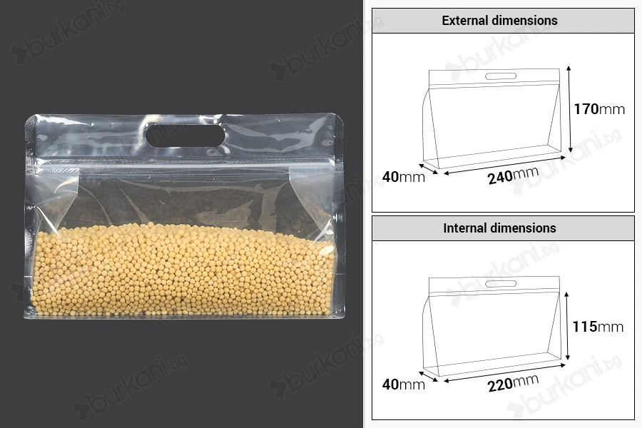 Пластмасови прозрачни торбички тип  Doy Pack с размер 240x40x170 mm  цип- 50 бр.-изображение_размери
