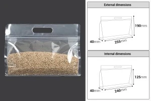 Пластмасови прозрачни торбички тип ДОЙ ПАК с размер 255x40x190 mm  с цип - 50 бр.-изображение_размери