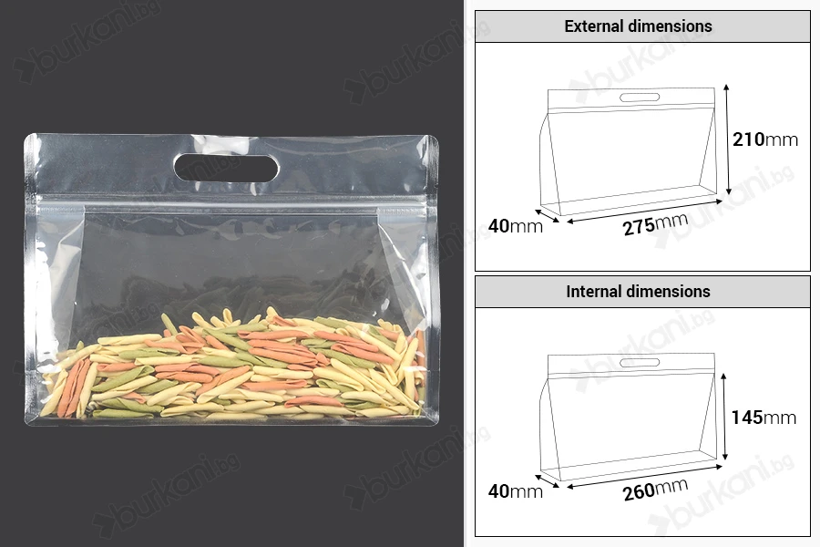 Пластмасови прозрачни пликове тип ДОЙ ПАК с размер 275x40x210 mm с цип - 50 бр.-изображение_размери