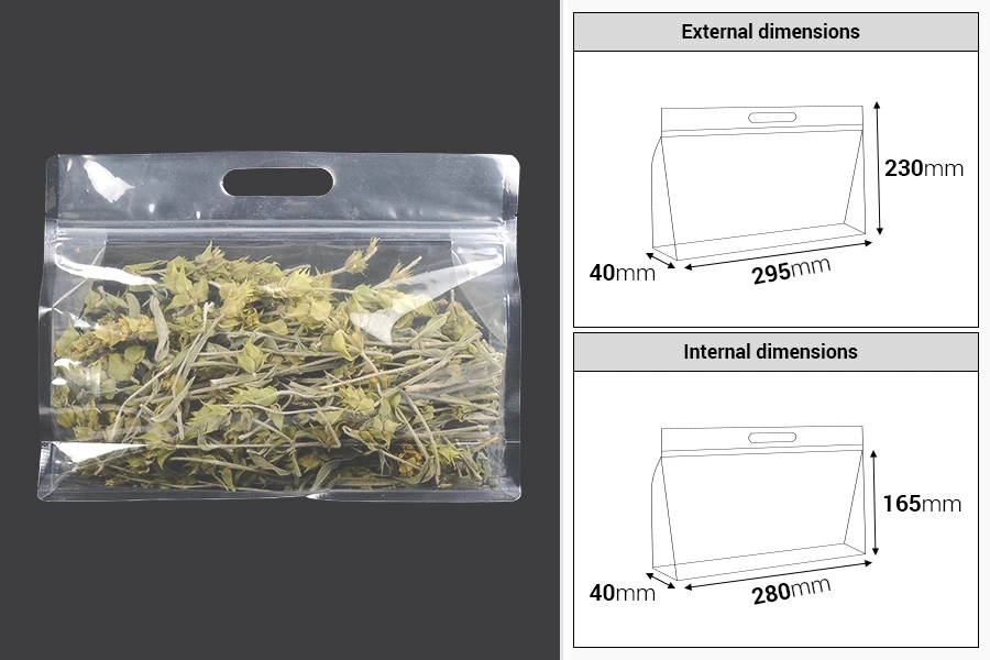 Прозрачни пластмасови торбички тип ДОЙ ПАК с размер 295x40x230 mm с цип - 50 бр.-изображение_размери