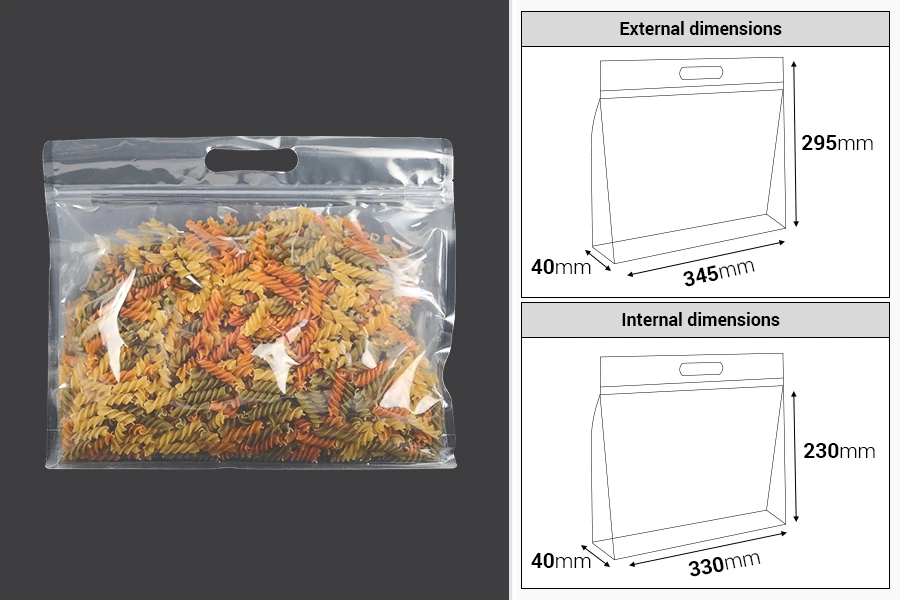 Пластмасови прозрачни торбички тип ДОЙ ПАК 345x40x295 mm с цип - 50 бр.-изображение_размери