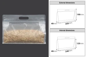 Полупрозрачни пластмасови торбички тип ДОЙ ПАК с размер 255x40x190 mm с цип - 50 бр.-изображение_размери