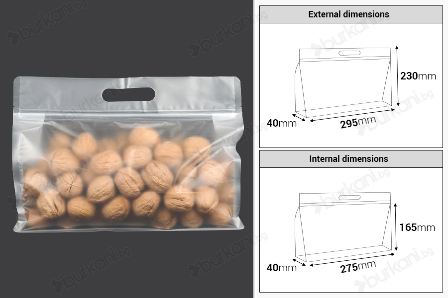 Торбички Doy Pack 295x40x230 мм, прозрачни, с цип, отвор и термозапечатващи се - 50 бр.-изображение_размери
