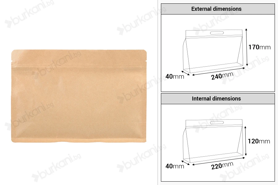 Крафт торбичка тип Doy Pack 240x40x170 мм с цип - 50 бр.-изображение_размери