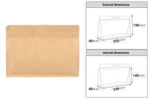 Крафт торбички тип Doy Pack 255x40x190 мм с цип - 50 бр.-изображение_размери