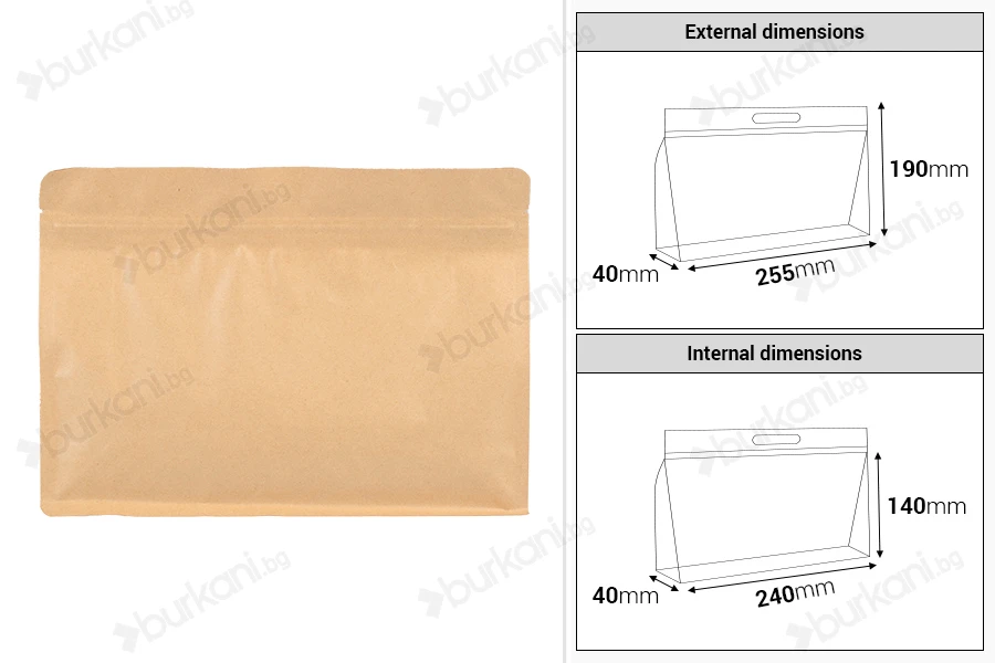 Крафт торбички тип Doy Pack 255x40x190 мм с цип - 50 бр.-изображение_размери
