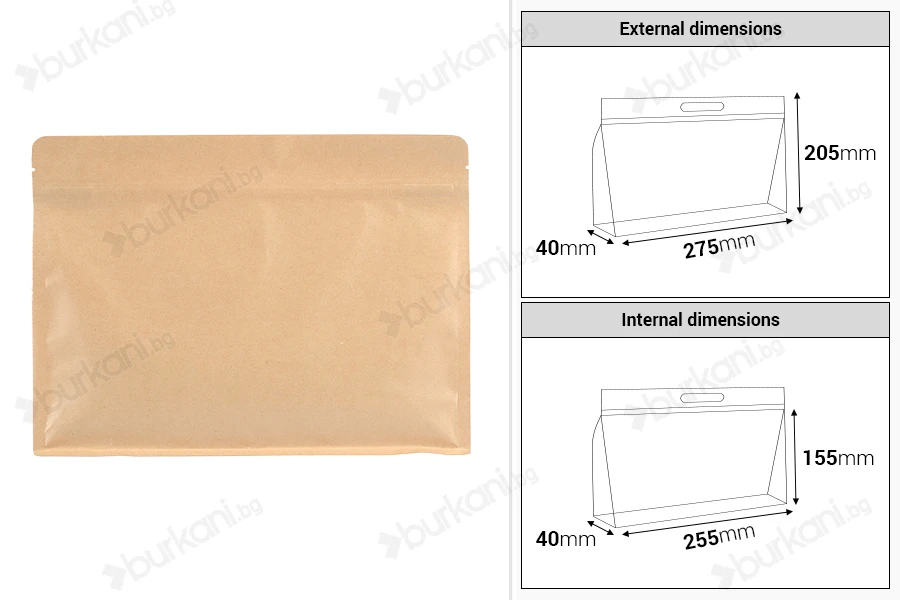 Крафт торбички тип Doy Pack 275x40x205 мм с цип - 50 бр.-изображение_размери