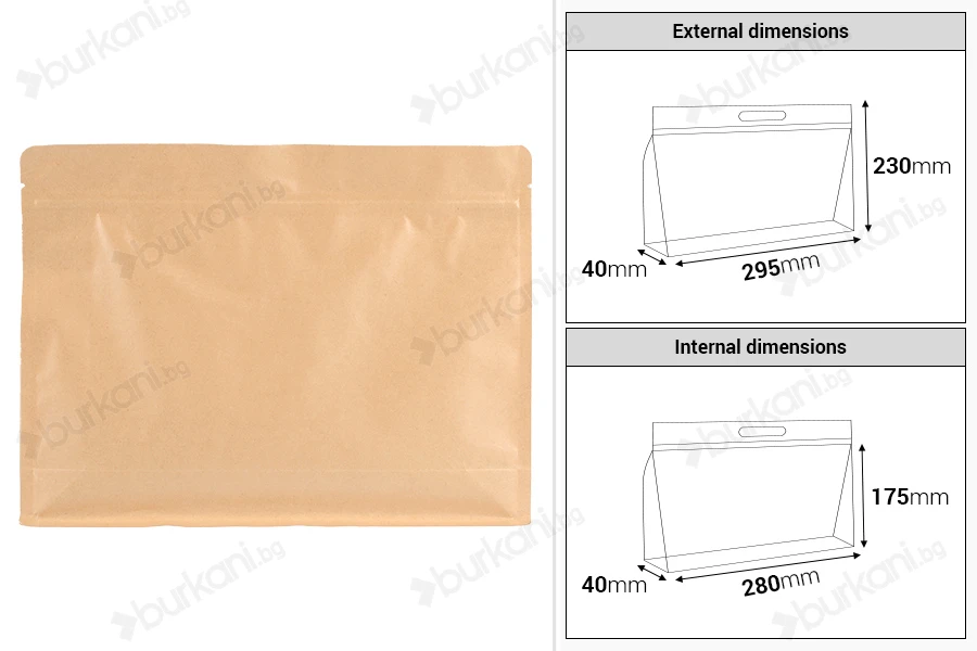 Крафт торбички тип Doy Pack 295x40x230 мм с цип - 50 бр.-изображение_размери