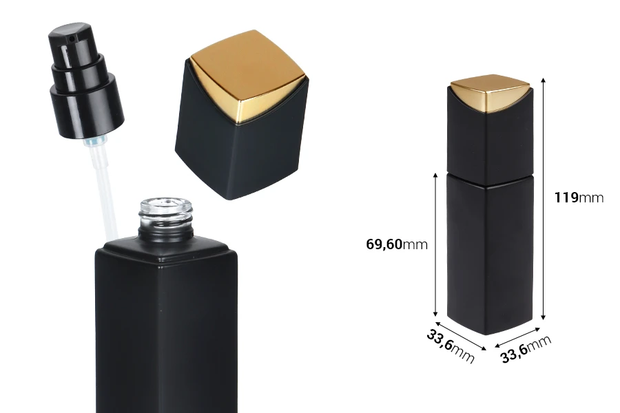 Луксозна стъклена бутилка 40 мл в черен матов цвят с крем помпа и капачка-изображение_размери