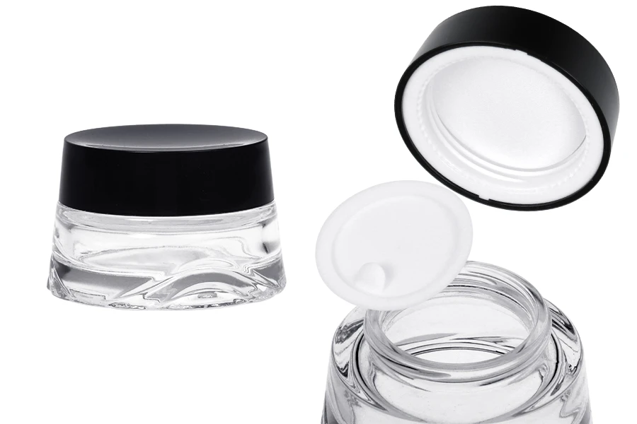 Стъклен буркан 30 мл прозрачен за крем с черна капачка и пластмасов уплътнител-изображение_продукт