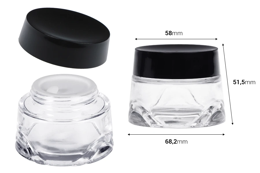 Стъклен буркан 50 мл прозрачен за крем с черна капачка и пластмасов уплътнител-изображение_размери