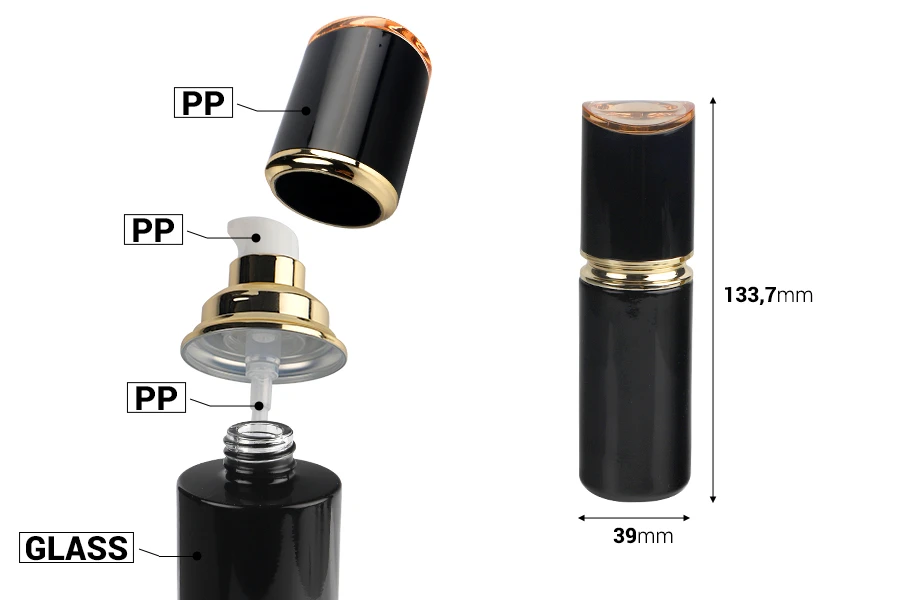 Стъклена черна бутилка 40 мл с лосион, крем помпа с акрилна капачка-изображение_размери