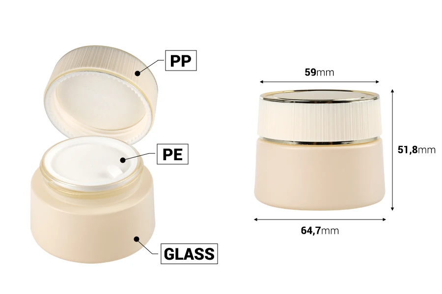 Стъклено маритано бежево бурканче за крем 50 мл с капачка с пластмасов разделител-изображение_размери
