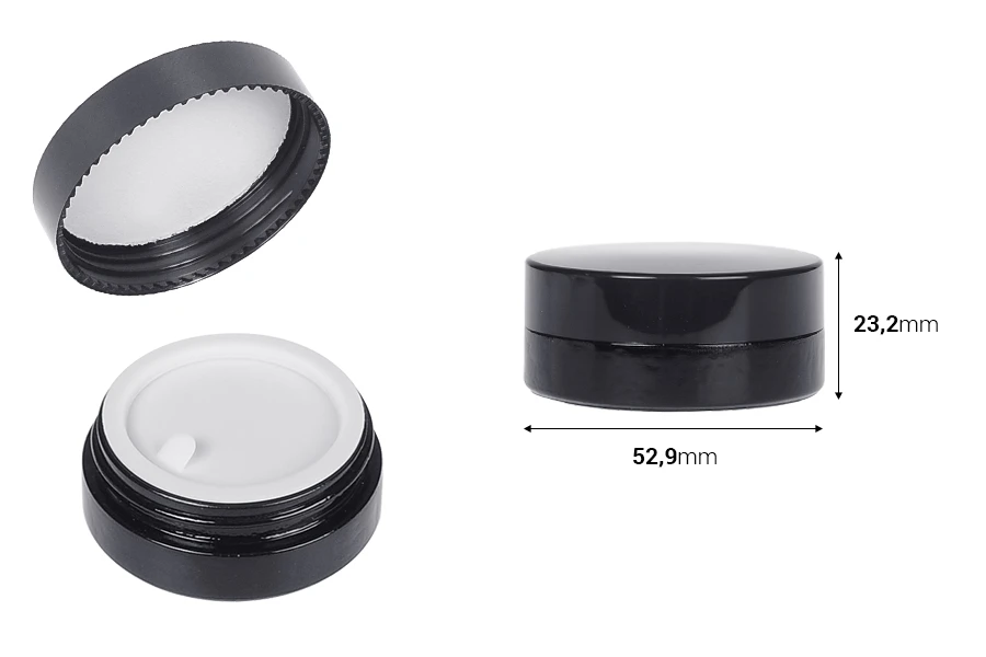 Стъклен черен буркан 10 мл с капачка и пластмасов уплътнител-изображение_размери