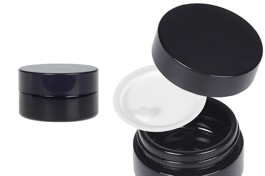 Черно пластмасово плоско бурканче 30 мл за крем с капачка и уплътнител-изображение_продукт
