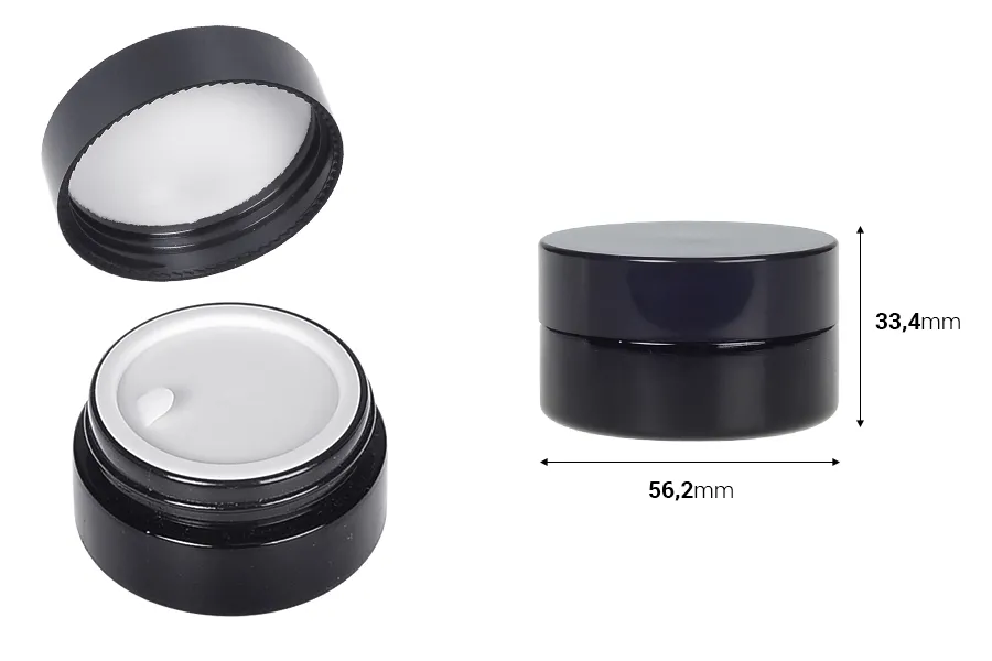 Черно пластмасово плоско бурканче 30 мл за крем с капачка и уплътнител-изображение_размери