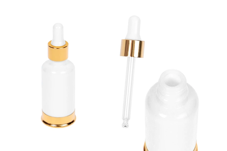 Стъклена бутилка 30 мл с бяла със златиста алуминиева основа-изображение_продукт