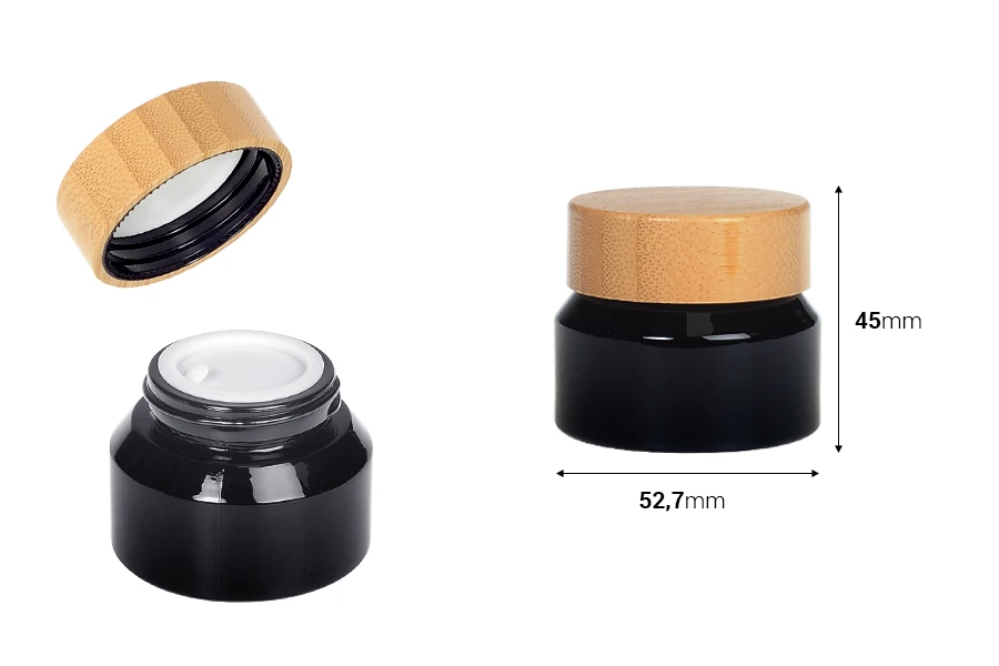 Стъклен черен буркан 30 мл за крем с бамбукова капачка с пластмасов уплътнител-изображение_размери