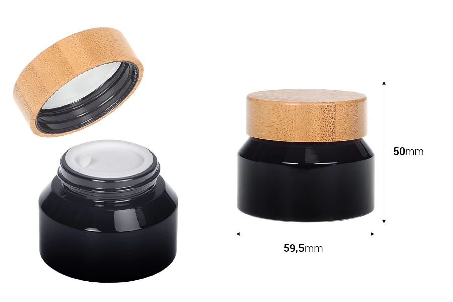 Стъклен черен буркан 50 мл за крем с бамбукова капачка с уплътнител-изображение_размери