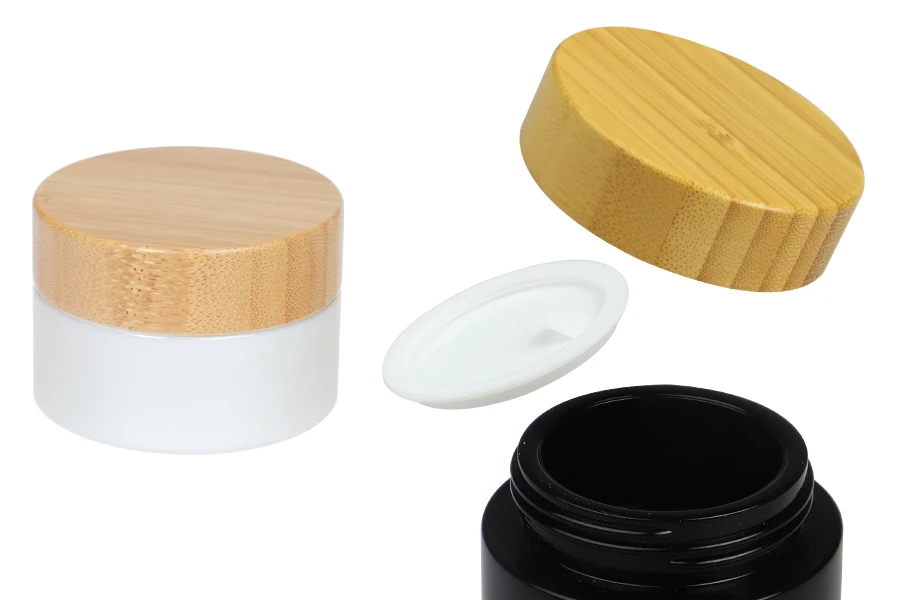 Стъклен бял буркан 50 мл с бамбукова капачка с пластмасов уплътнител-изображение_продукт