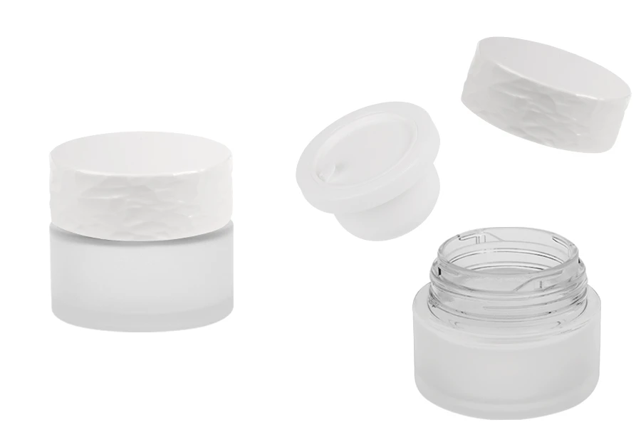 Стъклен матиран буркан за многократна употреба 30 мл с бяла капачка и пластмасова вложка -изображение_продукт