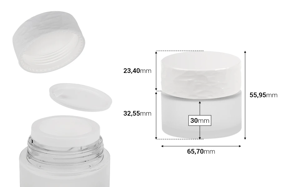 Стъклен матиран буркан за многократна употреба 30 мл с бяла капачка и пластмасова вложка -изображение_размери