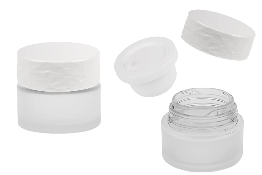 Стъклен матиран буркан за многократна употреба 50 мл с бяла капачка и пластмасова вложка -изображение_продукт