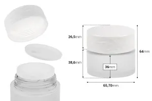 Стъклен матиран буркан за многократна употреба 50 мл с бяла капачка и пластмасова вложка -изображение_размери