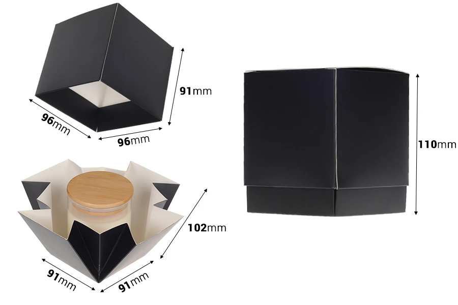 Хартиена опаковъчна кутия (400 гр.) 91х91х112 мм в цвят черен мат - 20 бр. Хартиена опаковъчна кутия (400 гр.) 91х91х112 мм в цвят черен мат - 20 бр.-изображение_размери