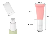 Пластмасова тубичка от 20 мл в различни цветове с бяла помпа и прозрачна капачка-изображение_размери
