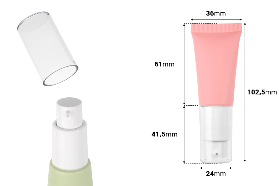 Пластмасова тубичка от 20 мл в различни цветове с бяла помпа и прозрачна капачка-изображение_размери
