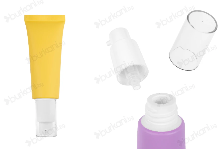Tub plastik 20 ml në ngjyra të ndryshme me pompë të bardhë dhe kapak transparent-изображение_продукт