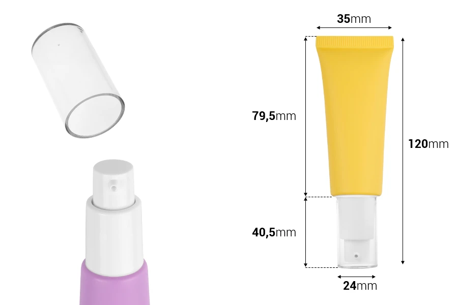 Tub plastik 20 ml në ngjyra të ndryshme me pompë të bardhë dhe kapak transparent-изображение_размери