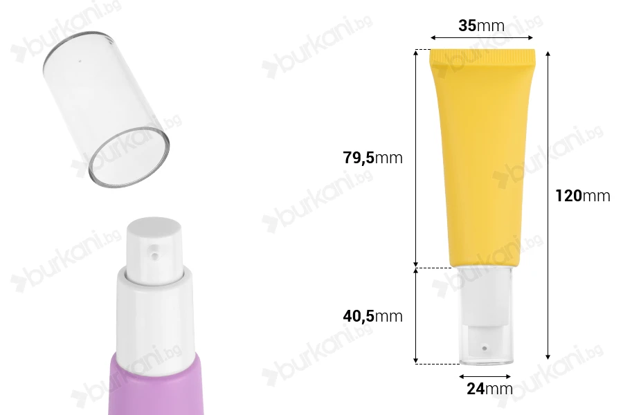 Tub plastik 20 ml në ngjyra të ndryshme me pompë të bardhë dhe kapak transparent-изображение_размери