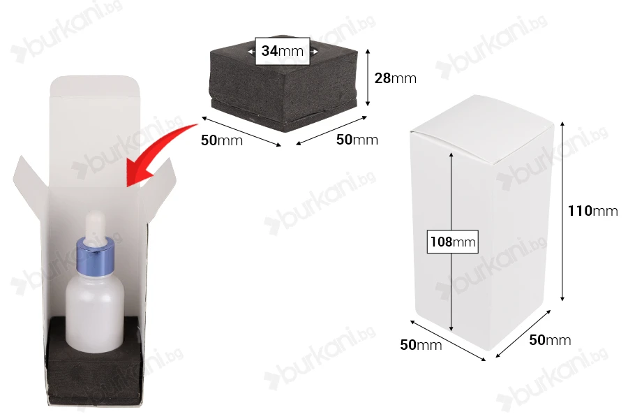 Опаковъчна кутия от бяла матирана хартия 50x50x110 mm с вътрешен джоб за бутилки с етерично масло 30 ml - 20 бр.-изображение_размери