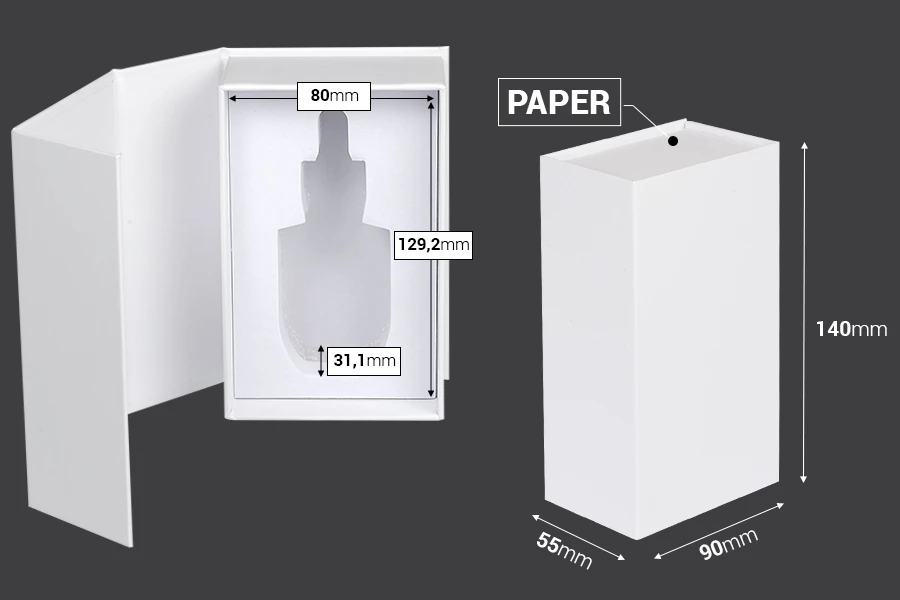 Бяла хартиена кутия с магнитно затваряне 90x140x55 mm (за бутилки от 30 ml код: 1020-70-0)-изображение_размери