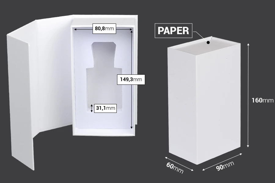 Бяла хартиена кутия с магнитно затваряне 90x160x60 mm (за бутилки от 50 ml код: 315-7-50 и 1110-9-50-1-0) Бяла хартиена кутия с магнитно затваряне 90x160x60 mm (за бутилки от 50 ml код: 315-7-50 и 1110-9-50-1-0)