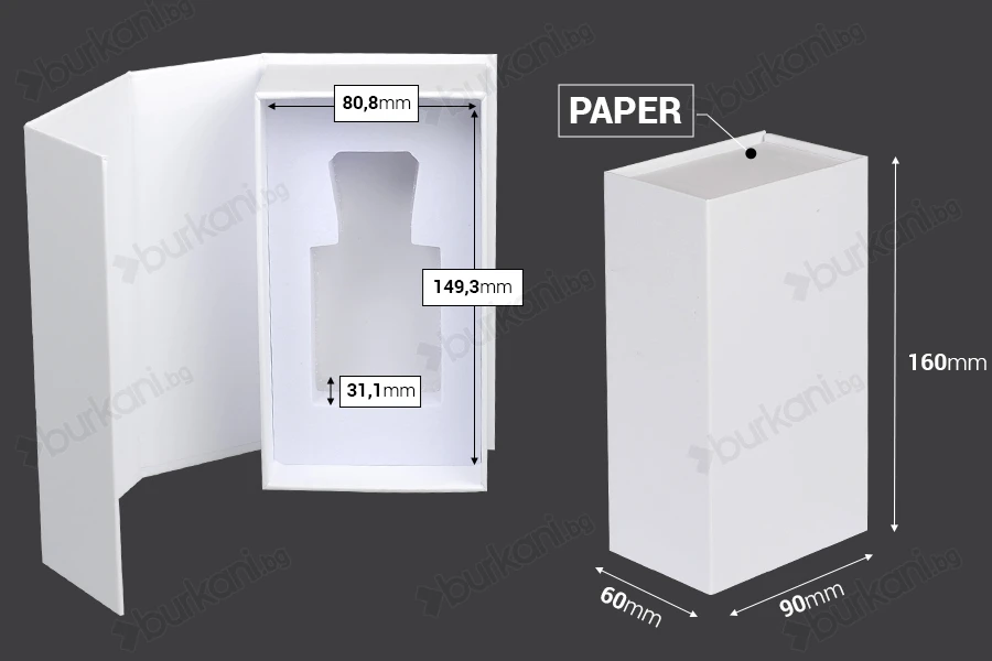 Бяла хартиена кутия с магнитно затваряне 90x160x60 mm (за бутилки от 50 ml код: 315-7-50 и 1110-9-50-1-0)-изображение_размери