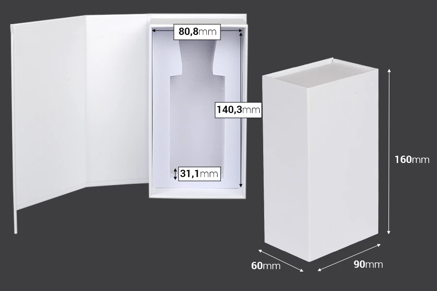 Бяла хартиена кутия с магнитно затваряне 90x160x60 mm (за бутилки от 100 ml код: 315-7-100 и 1110-9-100-1-0) Бяла хартиена кутия с магнитно затваряне 90x160x60 mm (за бутилки от 100 ml код: 315-7-100 и 1110-9-100-1-0)