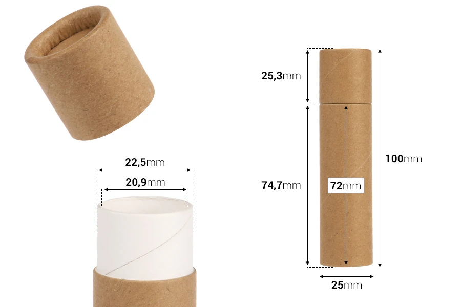 Биоразградими цилиндрични хартиени кутии с размер 25х100 мм за балсам за устни-изображение_размери