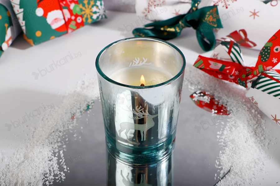 Стъклен коледен декоративен буркан за свещи (свещник) с еленче "Merry Christmas"-изображение_група