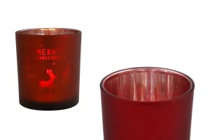 Коледен декоративен стъклен свещник "Merry Christmas" с еленче (без капак) в червено-1