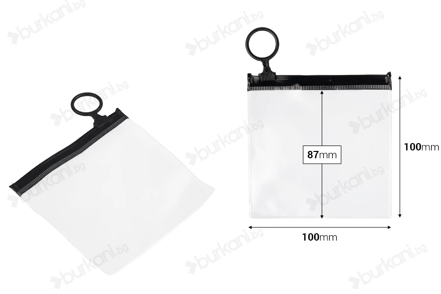 Полупрозрачна торбичка (PVC) 100x100 mm  с черен цип - 12 бр.-изображение_размери