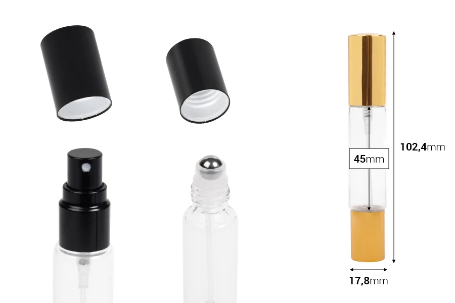 Стъклена прозрачна бутилка 10 мл със спрей и рол он капачка - 6 бр. Стъклена прозрачна бутилка 10 мл със спрей и рол он капачка - 6 бр.-изображение_размери
